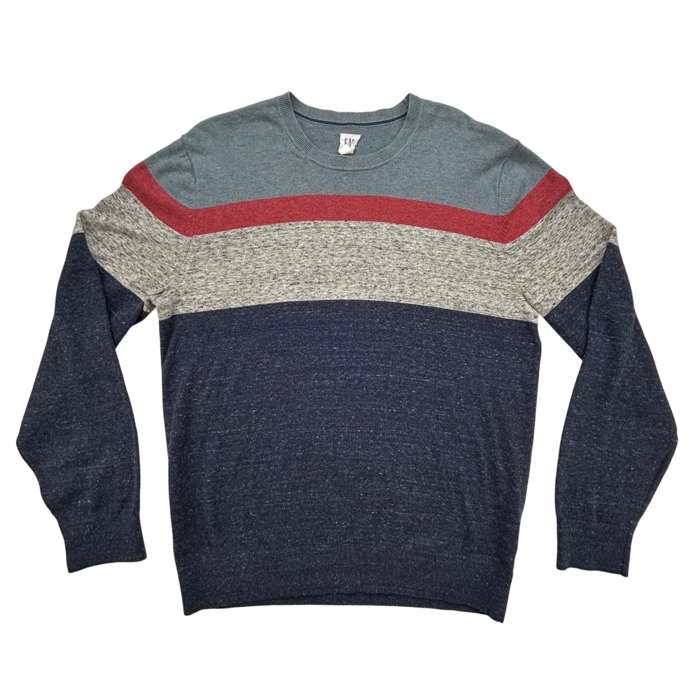 GAP Sweater Mens Large Colorblock Crewneck Blue Gray Red Casual Pullover